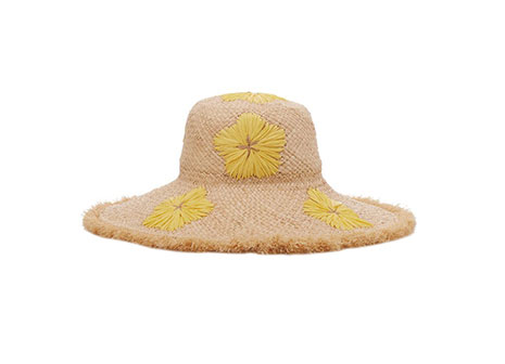 노란색 꽃 자수의 라피아 모자